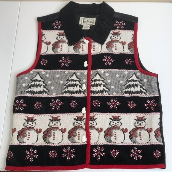 TanTrums Tapestry Snowmen Christmas Trees Velvet Collar Satin Back Vest Small - Picture 13 of 13